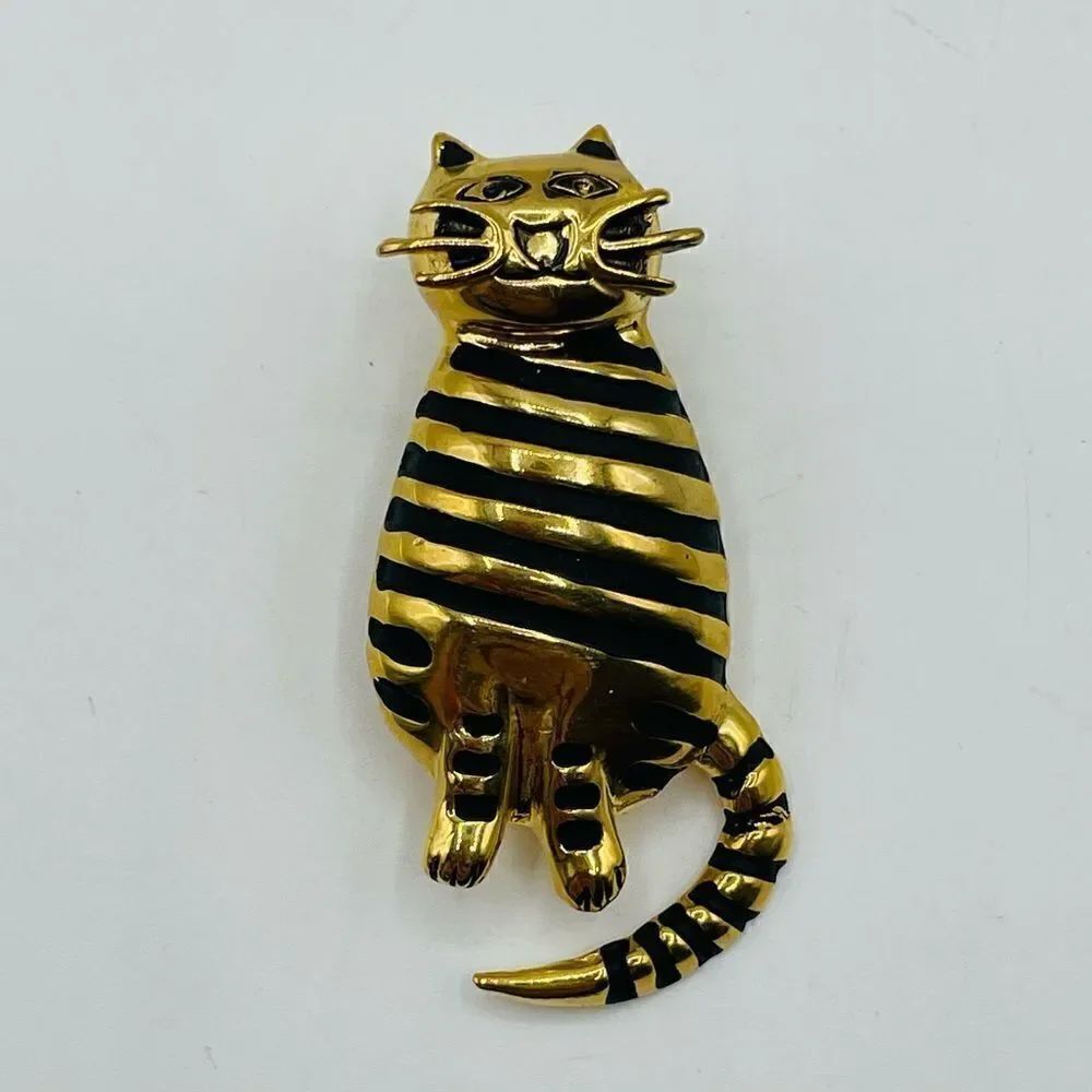 Vintage Gold Striped Cat Pendant Pin Brooch